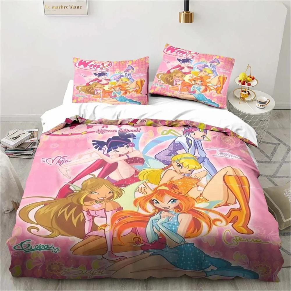 Winx Anime Kawaii Bettwäsche-Set, Bettbezug-Set, leicht, weicher Bettbezug, dekorative Bettwäsche für Teenager, Jungen und Mädchen, Geschenk, groß