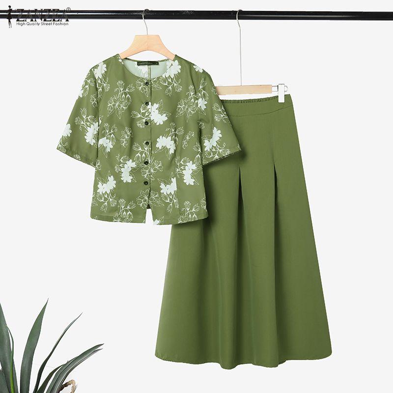 ZANZEA Women Short Sleeve Print Blouse and Long Skirts Summer Two Piece Suit Sets