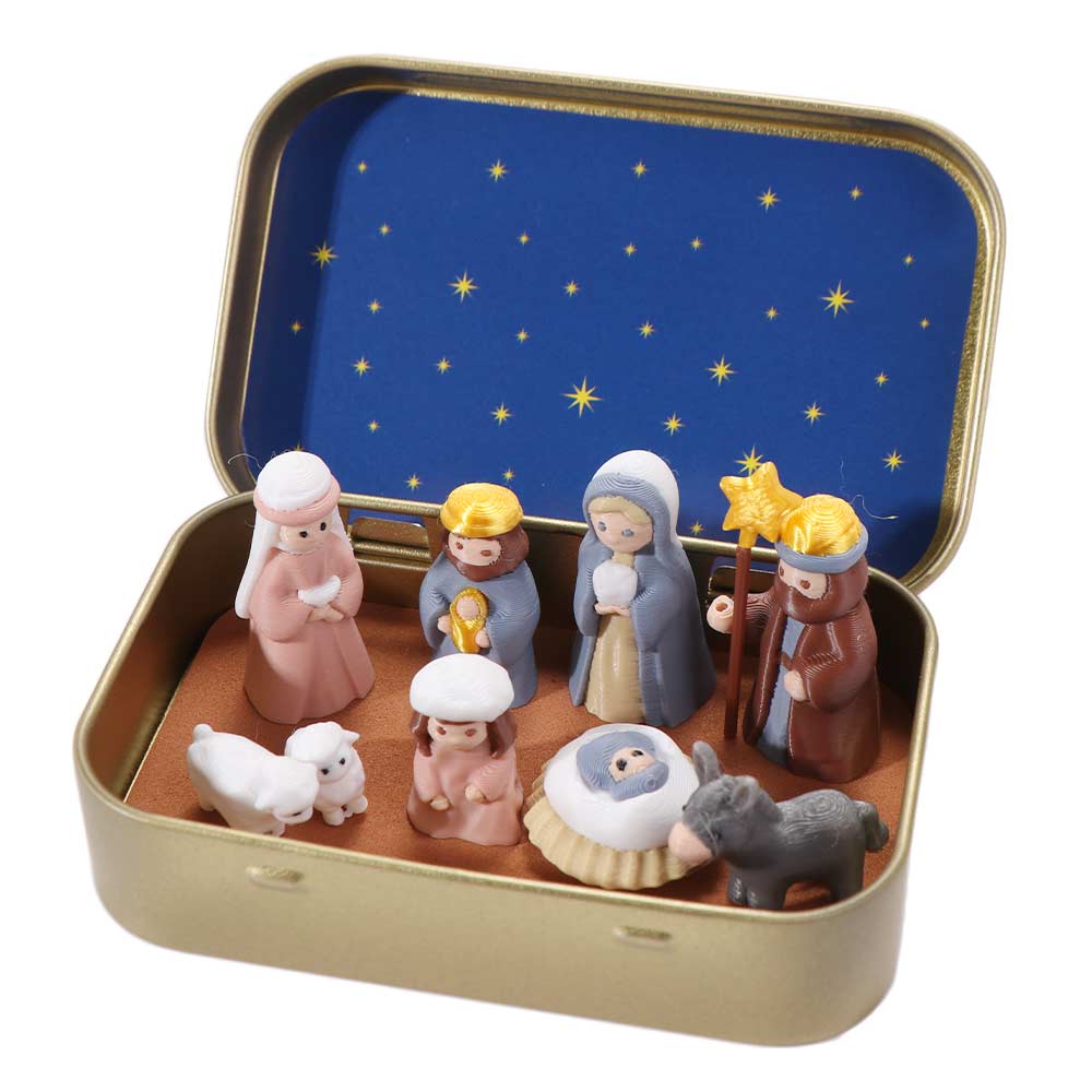 Hand Painted Nativity Manger Scene Kit Metal Tin Box Christmas Figurines Bedside Table