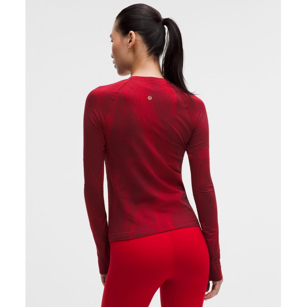 Lululemon Lunar New Year Swiftly Tech Long Sleeve Shirt 2.0  Waist Length Swirling Plumes Oxford Red Burgundy Bay