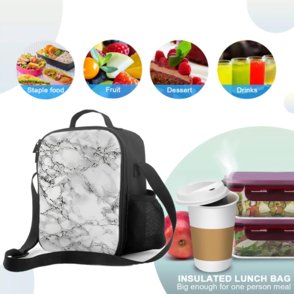 White Marble Print With Black Texture Thermal Lunch Bag for Kids Boys Girls Washable Tote Lunch Container for Work School Travel