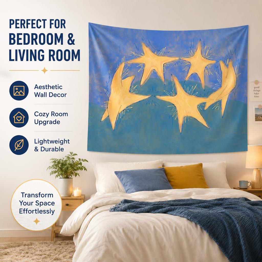 Modern Yellow Star Tapestry Flat Print Blue Background Wall Hanging For Office Dorm Bedroom Aesthetic Room Decor Wall Cloth
