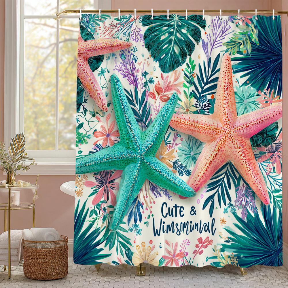 1PC Watercolor starfish pattern printed shower curtain, waterproof, with hooks, bathroom showers, bathtub, fashionable home user