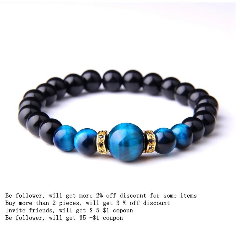 Bracelets en pierre naturelle pour hommes, bleu Royal, œil de tigre, énergie saine, mode, breloque CZ, perles d'onyx noir