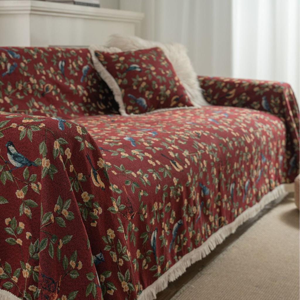 Sofabezug Anti-Katzenkratzer Jacquard Blume Vogel Retro Jujube Dicke Sofadecke
