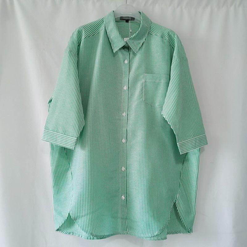 

Export Japanese Original Single Cut Label Stand-up Collar Puff Sleeve Half Sleeve Color Stripes Open Shirt Female Mid Length Long Length Lazy Green Stripes Embroider XL