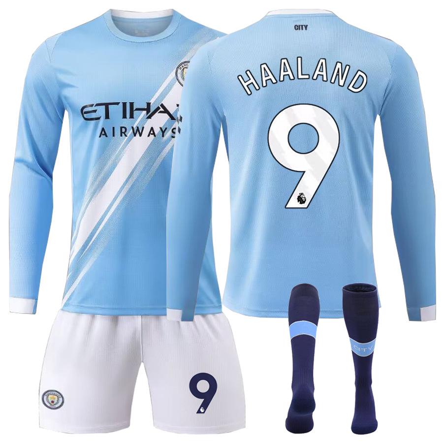 Set Maglia a Maniche Lunghe da Casa per Bambini del Manchester City: Haaland #9, Foden #47, Mahrez #7.