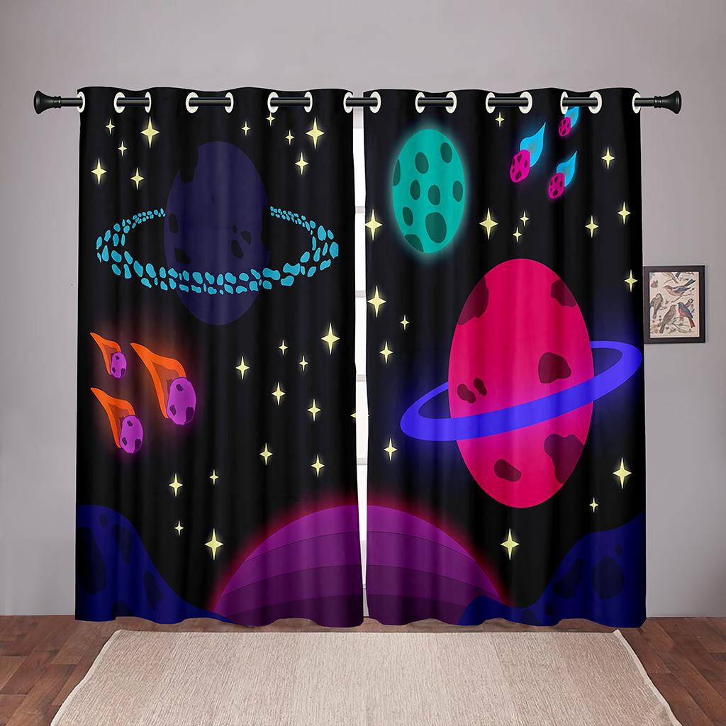 Thick 90% Shading 2PiecesCartoon Space Planet Universe Blackout Window Curtain For Bedroom Living Room Bathroom Kicthen DoorHall