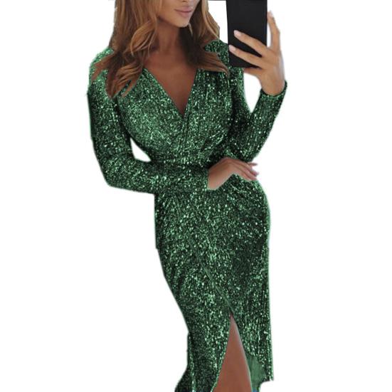 Abend Party Sexy Frauen Pailletten V-ausschnitt Langarm Split Midi Bleistift Kleid