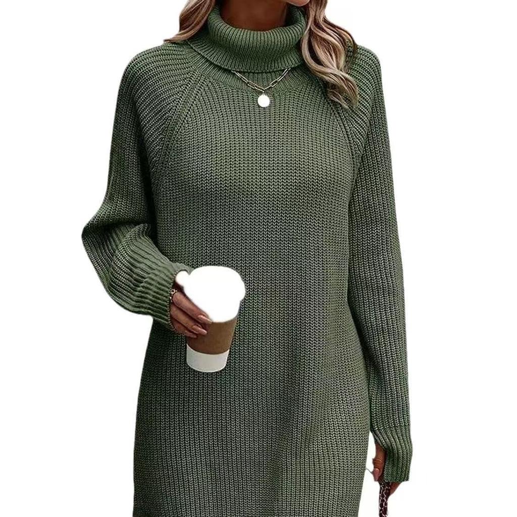 Women's High Neck Button Detail Knit Sweater Dress Loose Sleeve Mini Dress Multi Colors