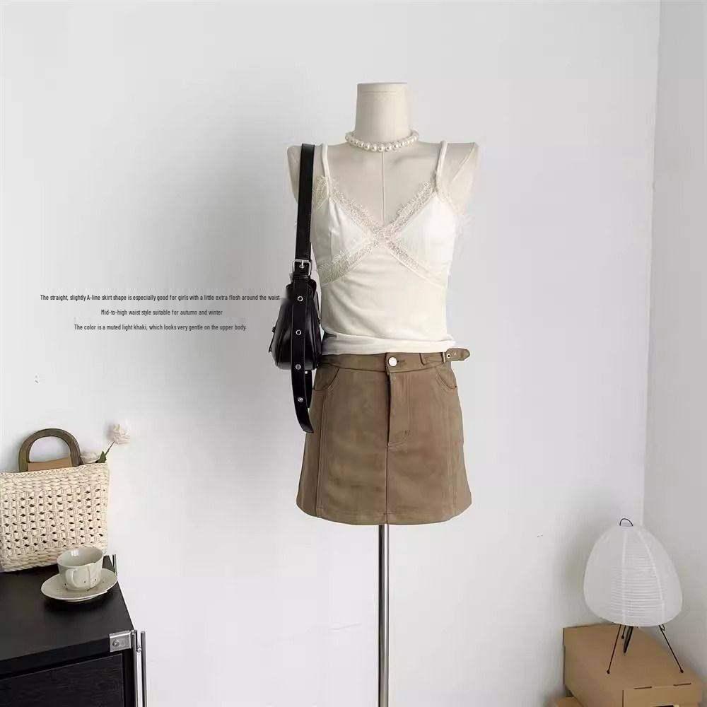 Women's Suede High-Waisted A-Line Skirt - Spring New Arrival, Slimming Short Skirt for Petite Women, Anti-Exposure and Versatile.