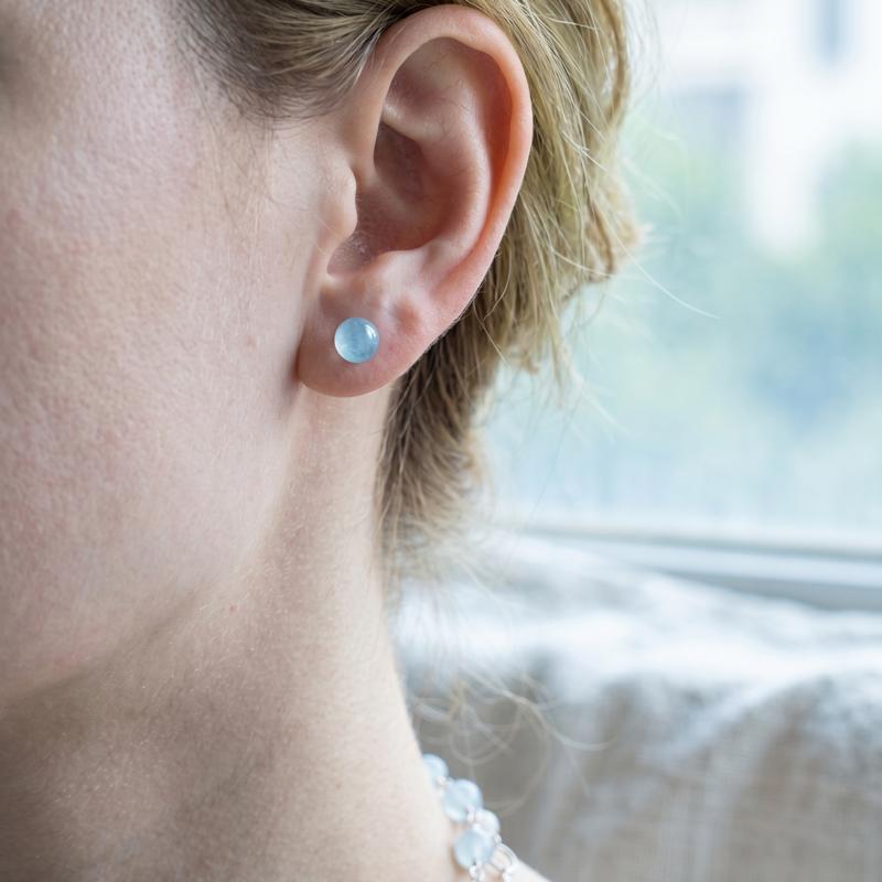 S925 Sterling Silver Aquamarine Stud Earrings, Natural Ice Blue Round Bead Minimalist Jewelry, Mindful Everyday Wear, Ear Stacking