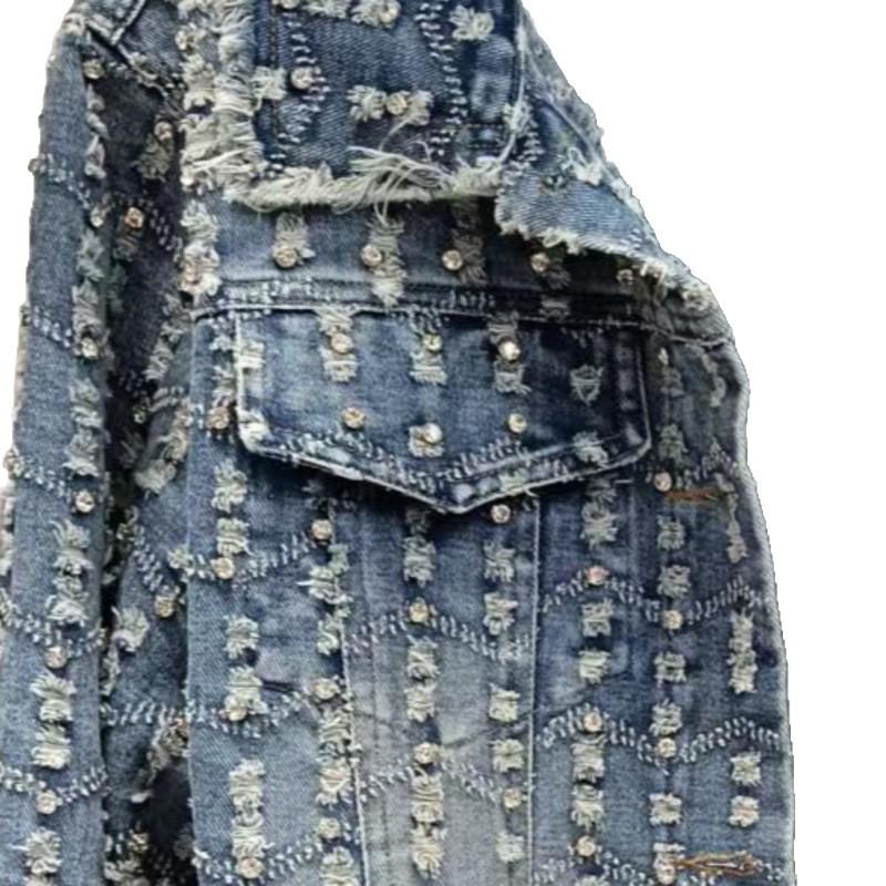2025 Retro Ausgefranste Bestickte Strassstein Jeansjacke