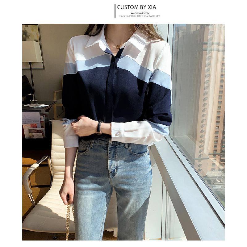 2026 Spring New Women's Turn-down Collar Contrast Color Slim Fit Long Sleeve Casual Striped Shirt