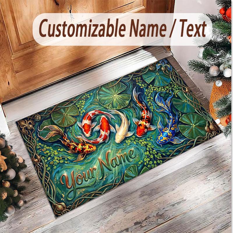 Koi Fish Theme Soft Crystal Velvet Rug Custom Name & Text Print Non Slip Floor Rug for Bedroom Living Room