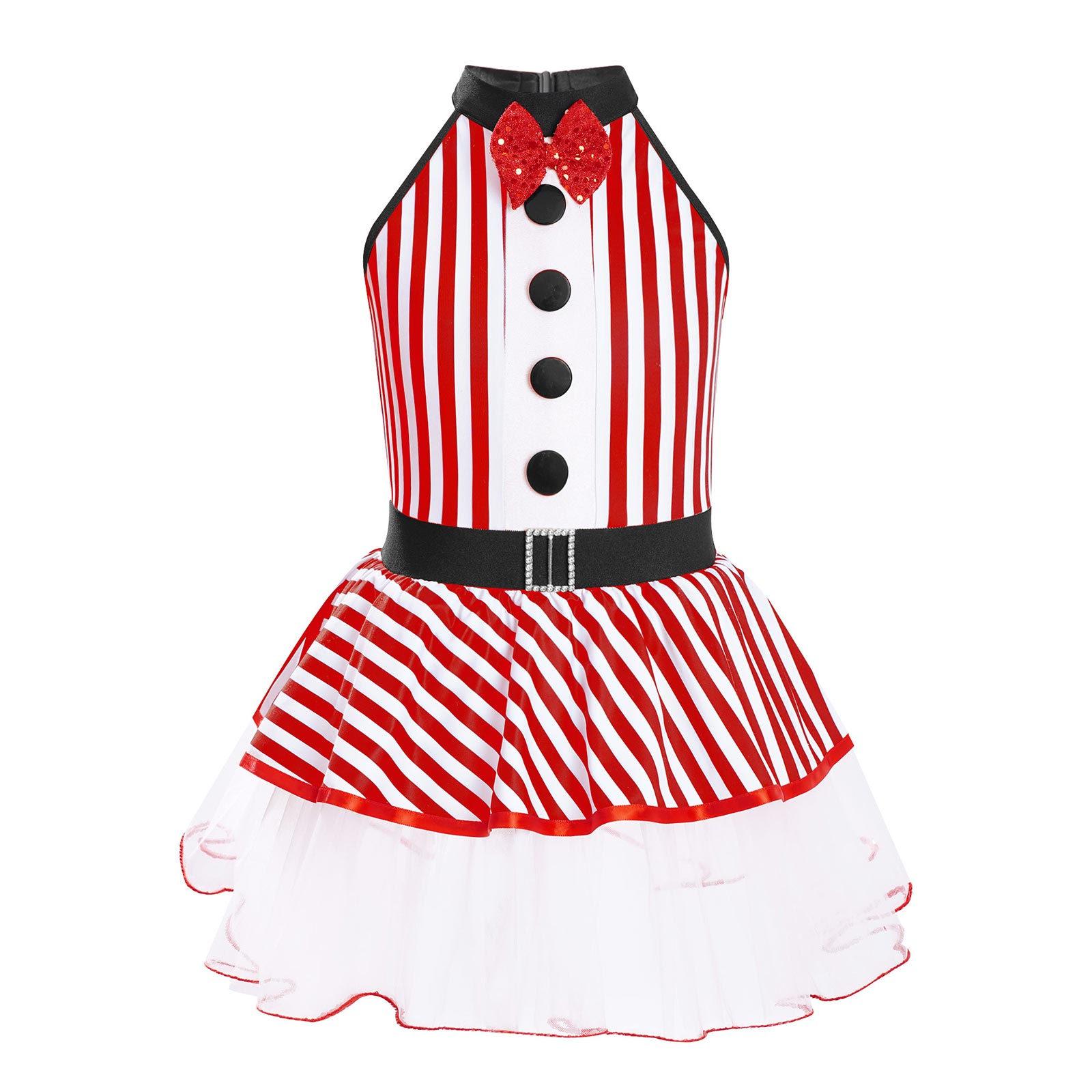 

Girls Puffy Tutu Dress Striped Halter Design Sequined Bowknot Detail Party Stage Performance Costume 5-6 Years червоний
