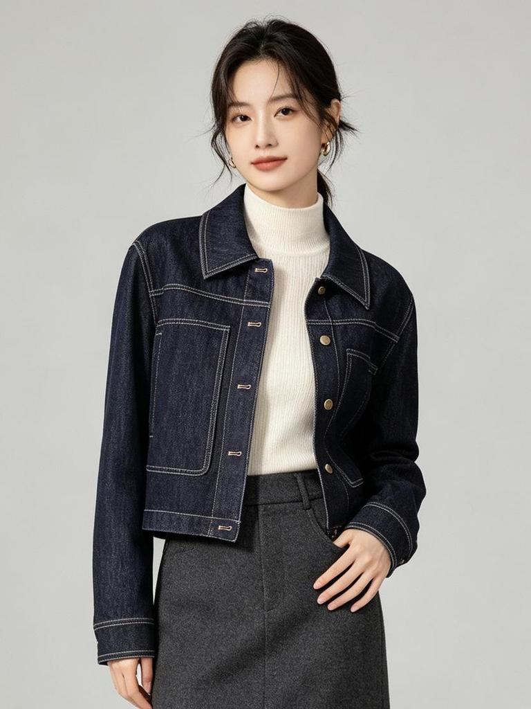 Xin Ge Retro Color Block Denim Jacket - High Waist, Slim Fit, Versatile Commuting Top