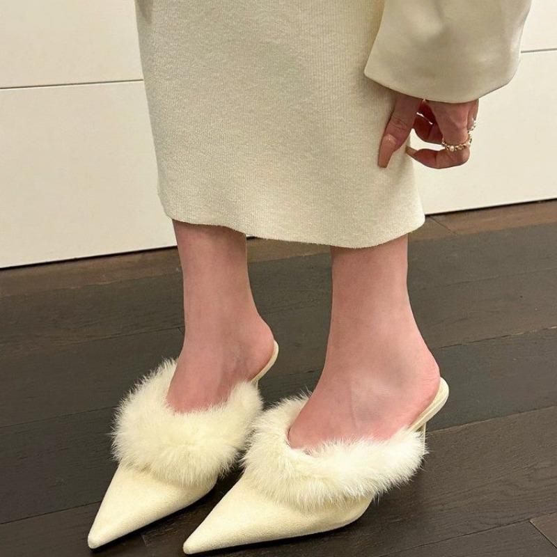Fashion Women's Baotou Slippers Winter New Pointe Shallow Mouth Slip-on Anti-slip Wear-resistant High Heel Cotton Shoes