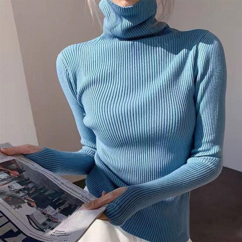

Осенний модный мягкий женский свитер с длинными рукавами, зимние вязаные топы, пуловеры, повседневные однотонные женские джемперы, одежда 28821 One Size светло-синий