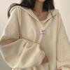 Women Loose Fashion Drop Shoulder Hooded Sweatshirt Top Large Size Solid Color Patch