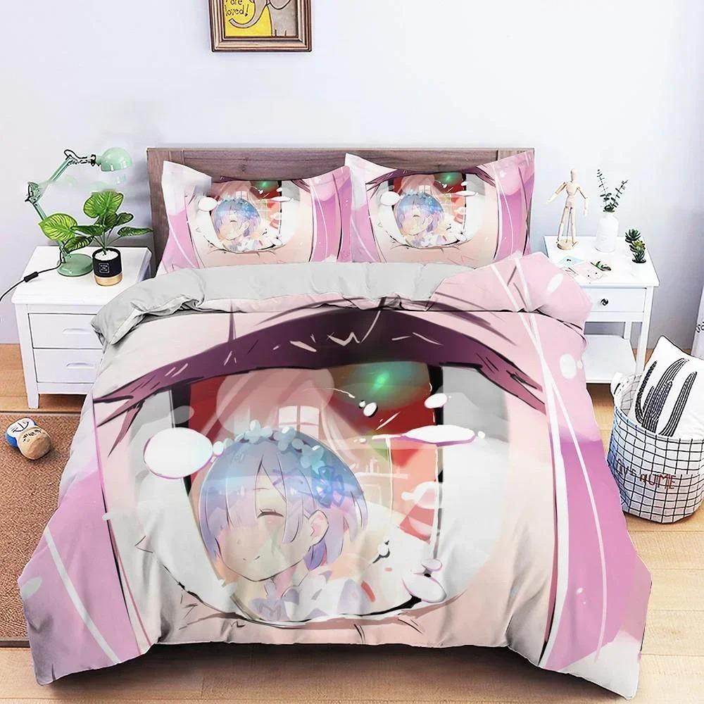 

3D Printed Anime Re Zero Ram Rem Bedding Set 3D Printed Suitable For Bedroom Duvet Cover Set With Pillowcases Kids Home Textile EU Single(135*200cm)3pcs