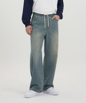 Akeusi Easy Fit Elastic Waist Wide Denim Pants Unisex (Light Blue)