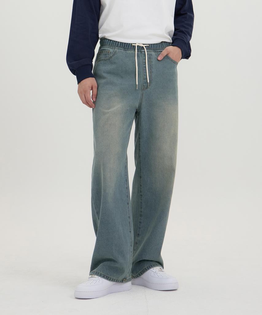 Akeusi Easy Fit Elastic Waist Wide Denim Pants Unisex (Light Blue)