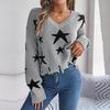 Women Casual Knit Pullover Sweater Long Sleeve V Neck Star Cut Autumn Winter