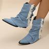 Vintage Thick Heel Women Denim Western Cowgirl Boots Fashion Slip On Shoes Autumn Winter Ladies Tassels Short Booties