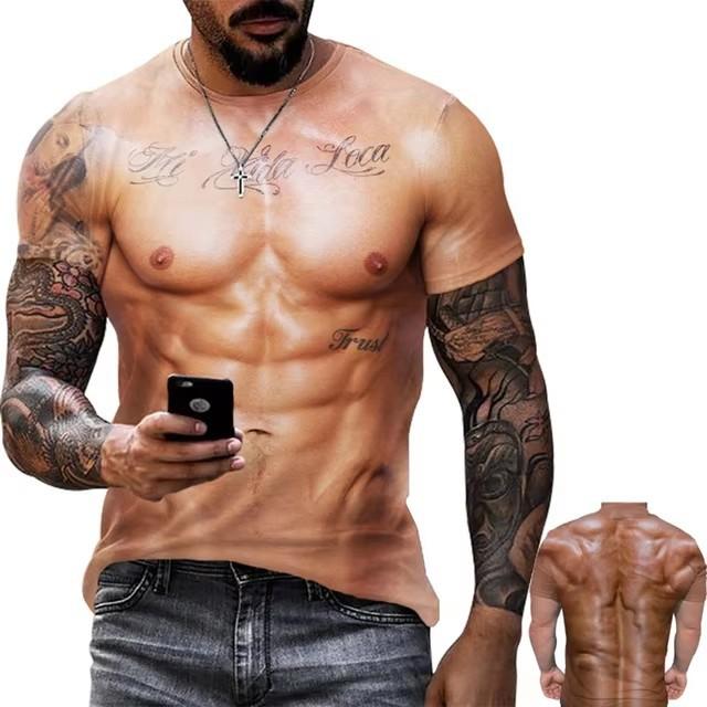 

Summer Male Fashion Trend Creative 3D Printing Fake Muscle Print T-shirt Street Casual Entertainment Short Sleeved Shirt XS