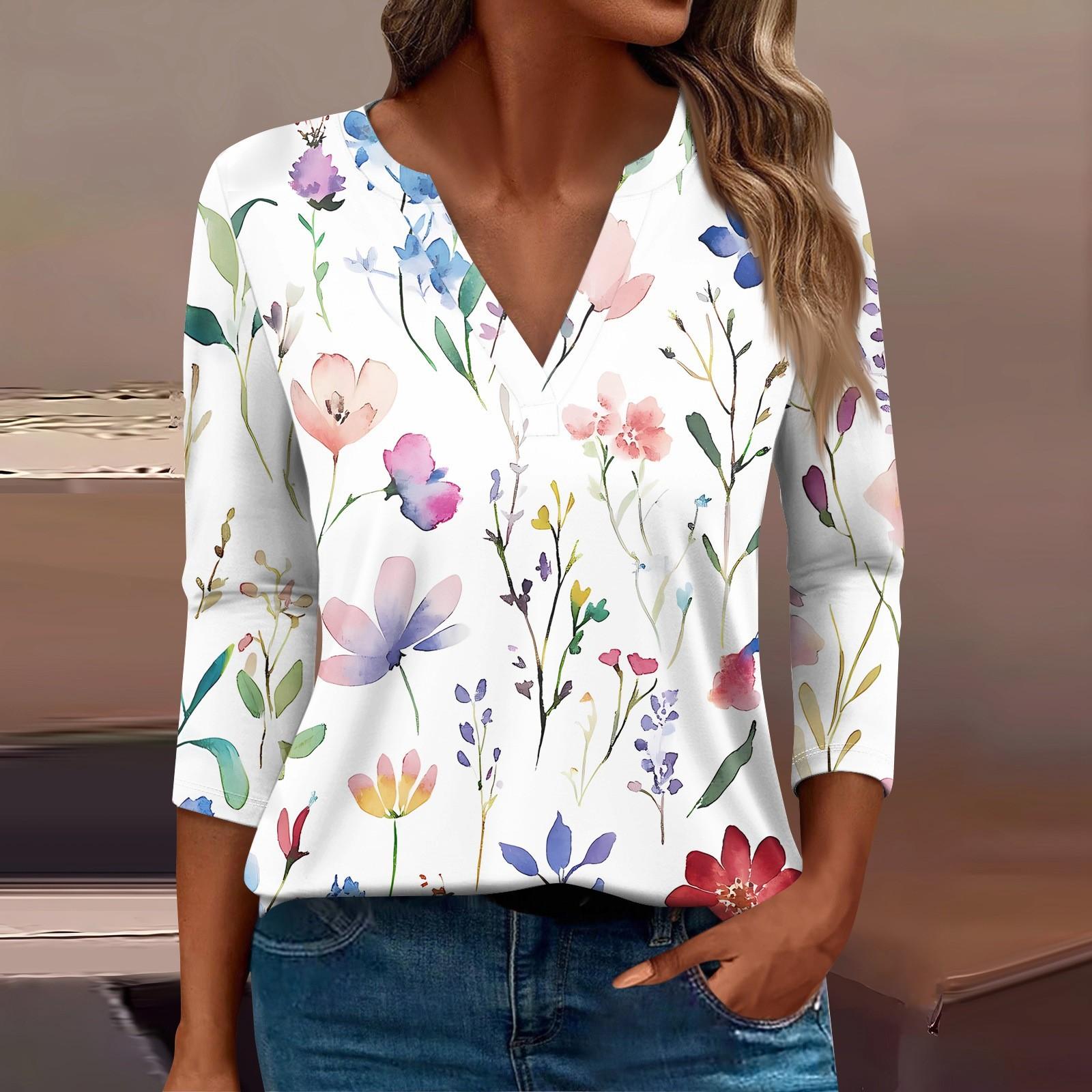 

Жіноча футболка з принтом і рукавами 3/4, щоденна мода на вихідні, базовий V-подібний виріз, звичайний топ XL рожевий