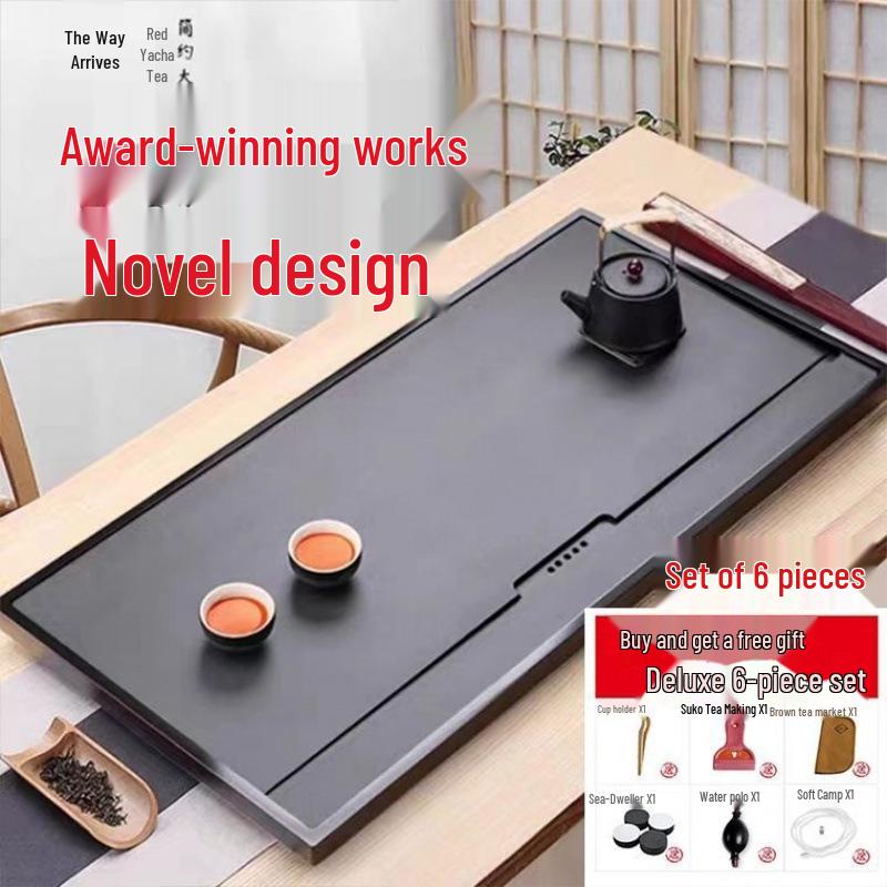 Black Gold Slate Tea Tray with Drainage - Simple Embedded Design