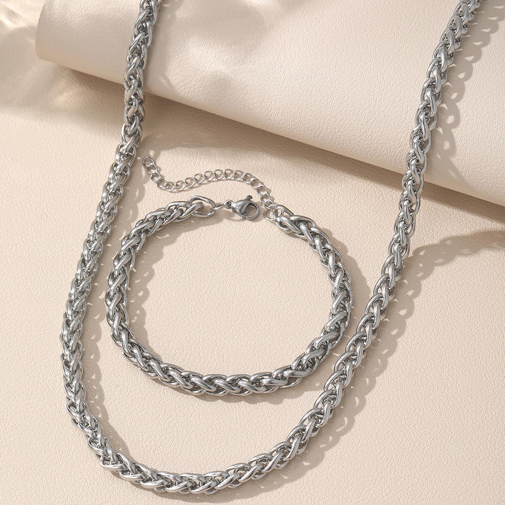 Stainless Steel Set Simple Personalized Hip Hop Chunky Chain Keel Chain Necklace Bracelet Set For Women Zircon Daily Matching