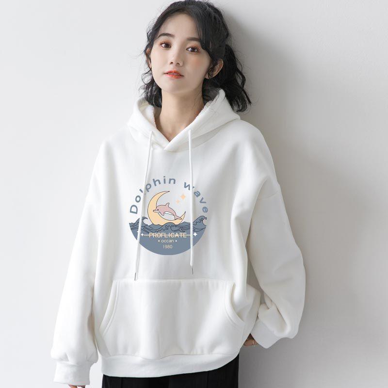 Autumn Winter Plush Hoodie for Women Loose Oversize Thick Student Moon Print All-match Pullover Hooded Top
