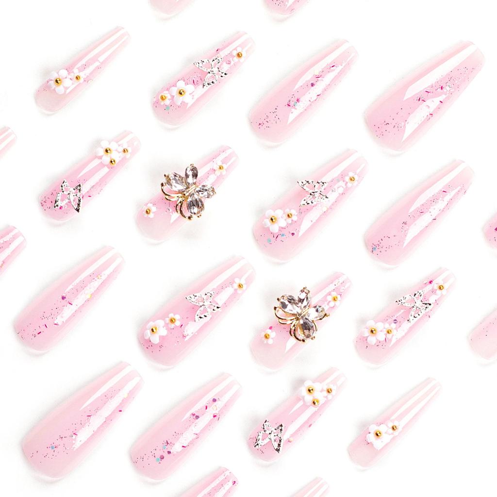 Sweet Pink Glitter Butterfly Press-On Nails with Floral Design