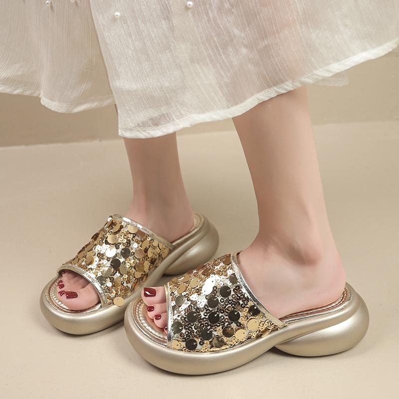 Soft Sole Boost Platform Slippers Summer Fashion Outer Wear Round Toe Open Toe Sequin Platform Slip Sandals
