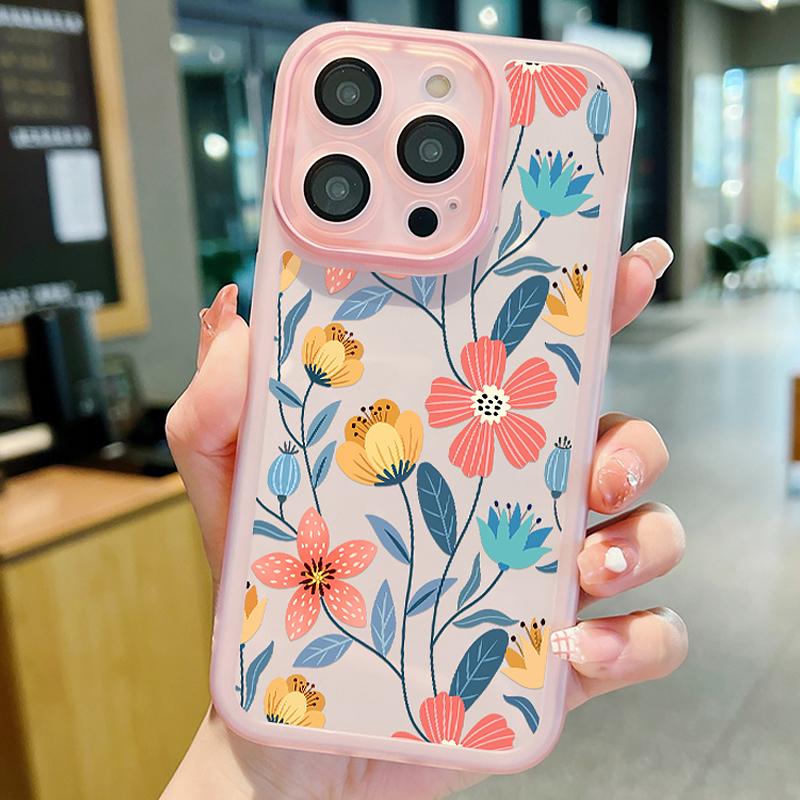 Flowers Pattern Case For iPhone 14 15 Pro Max 13 Pro Lens Protector Shockproof Transparent TPU Soft Silicone Phone Cover Fundas
