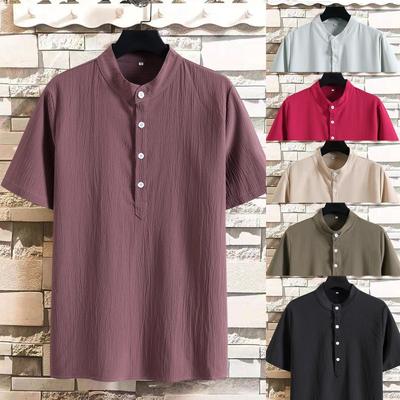 Men's Shirt Solid Color Stand Collar Half Placket Short Sleeved Shirt Men's Casual Shirt Summer Plus Size Purple Shirt