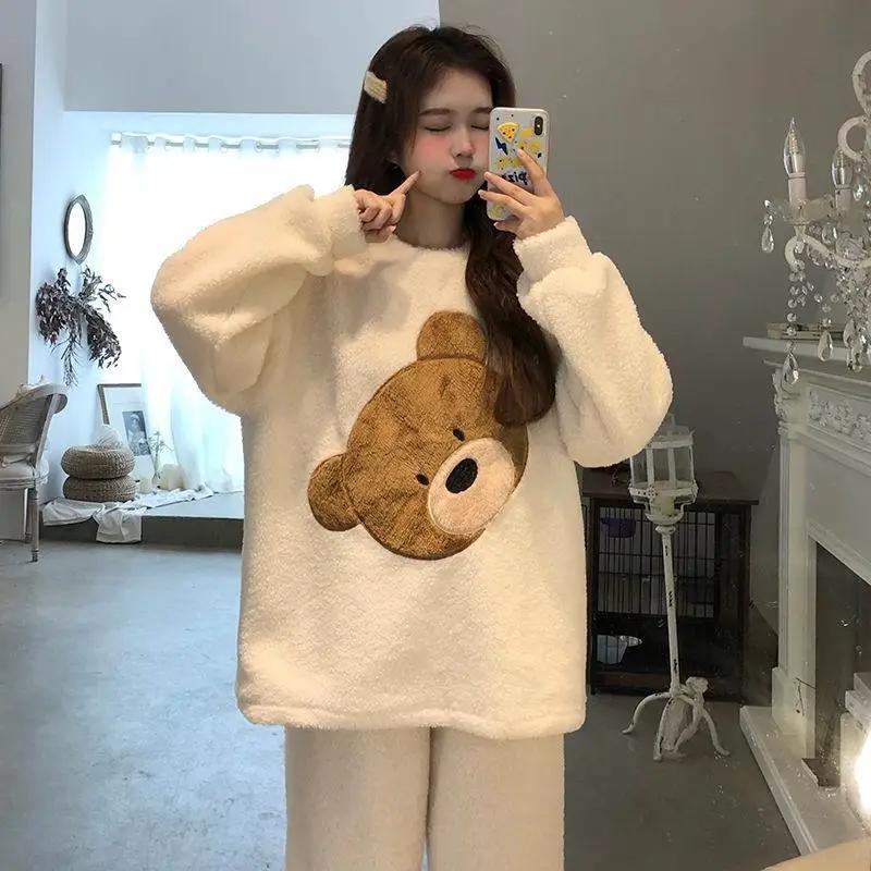 Thickened and Warm Women's Winter Two-piece Flannel Home Wear Pajamas O-neck Loose Cute Cartoon Women's Pajamas Home Wear