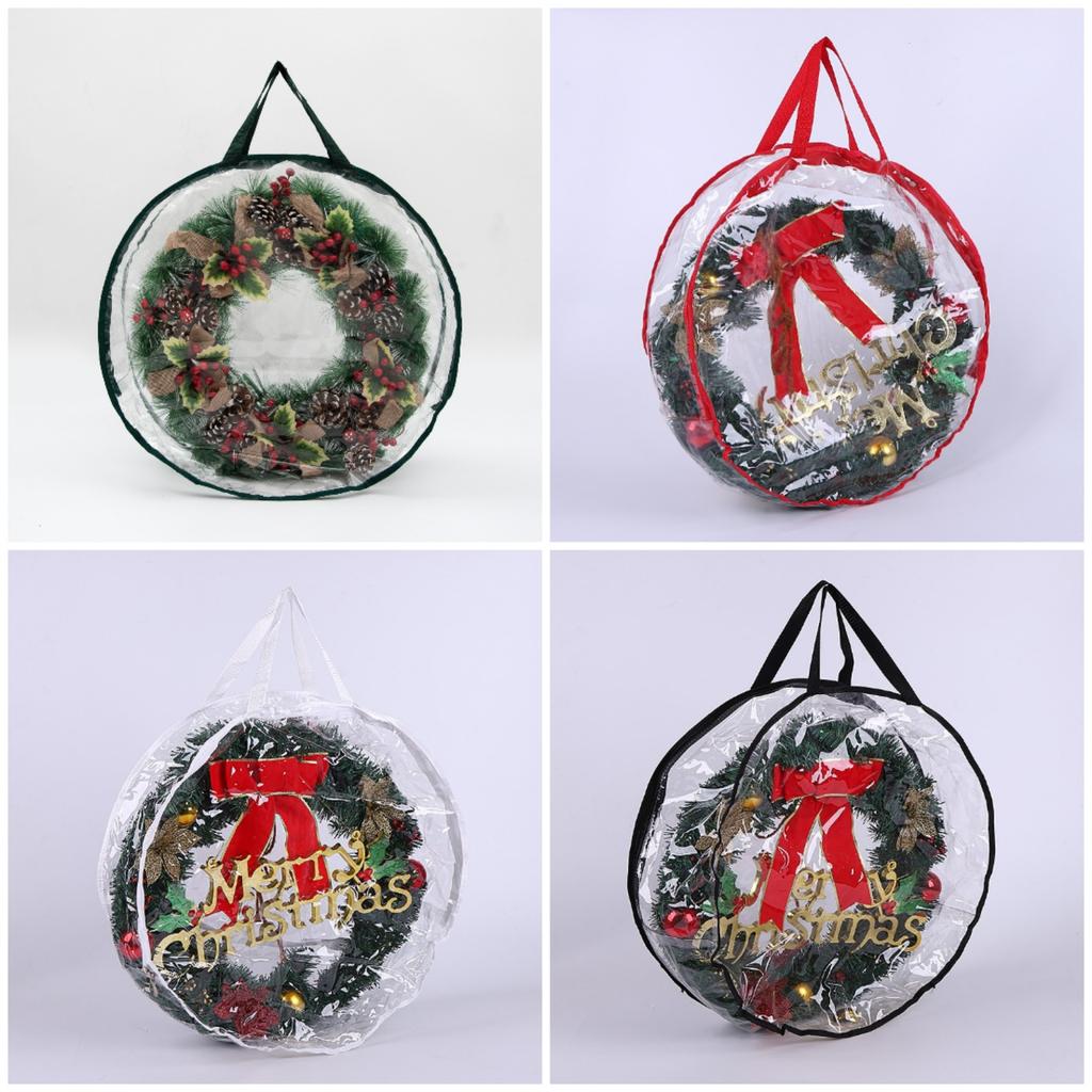 Folding Christmas Wreath Storage Bag With Handle Transparent Cover Tear Resistant Clean Up Holiday Carry Organizer Container