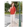 Women's Orange Textured Embroidered Short Sleeve Polo Shirt