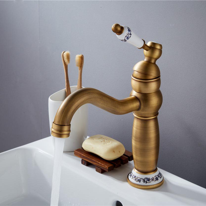 Vintage Black Single-Handle Basin Faucet with Brass & Blue-White Porcelain