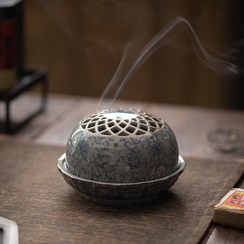 Chinese Retro Blue and White Ceramic Incense Burner Ornament
