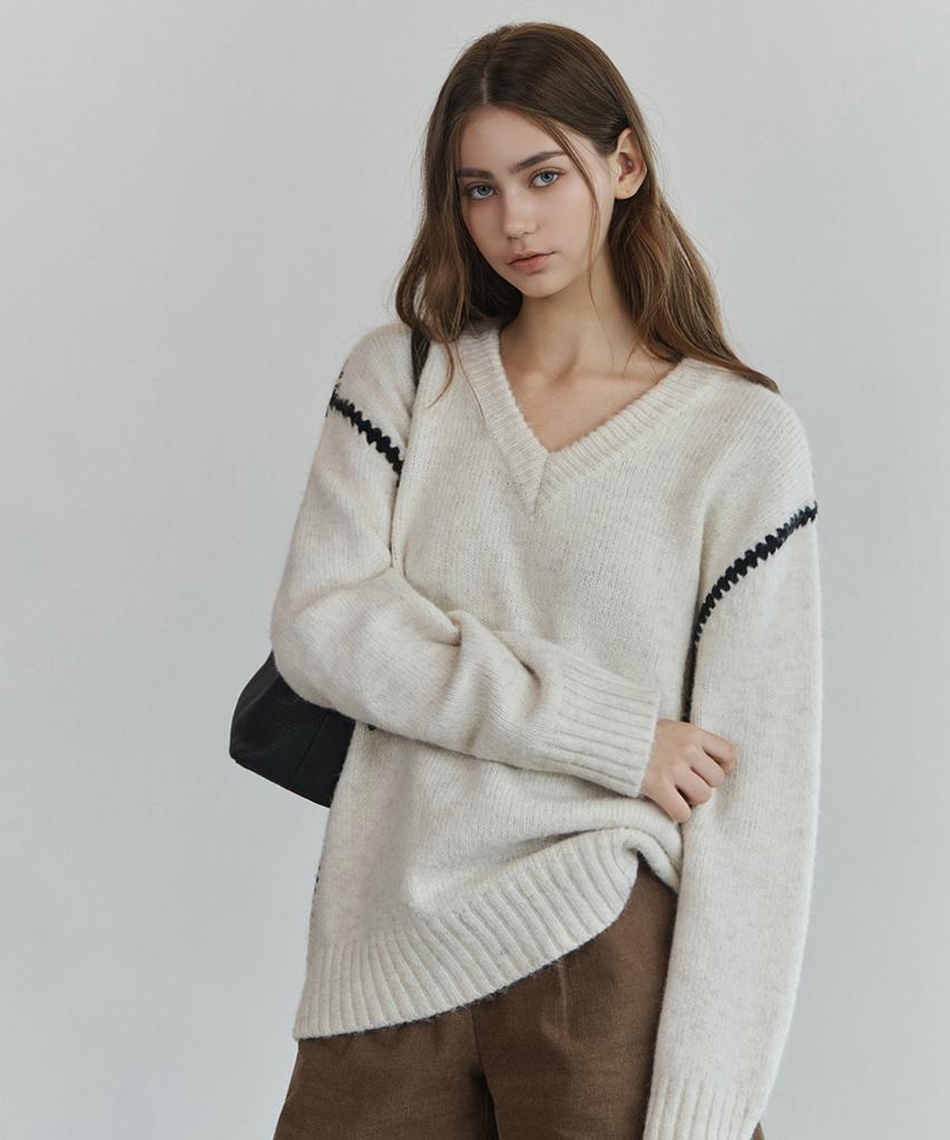 NON AND NON Chunky V Neck Sweater_Nfkn6590 (Ivory)