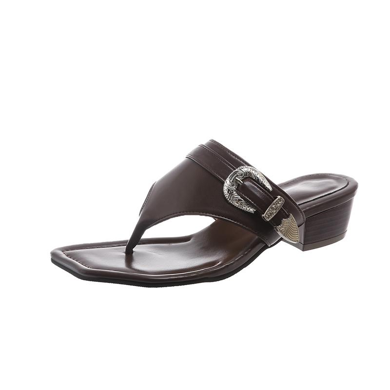Fashion Fashion Square Flip-Flops Women's Fashion Square Toe Open Toe Clip Toe Metal Buckle Non-Slip Kitten Heel Shoes