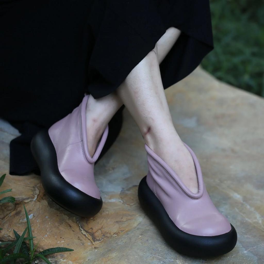 Retro Flat Platform Ankle Boots Women Slip On Platform Boots Genuine Leather Thick Heel Shoes Luxury Soft Short Boots