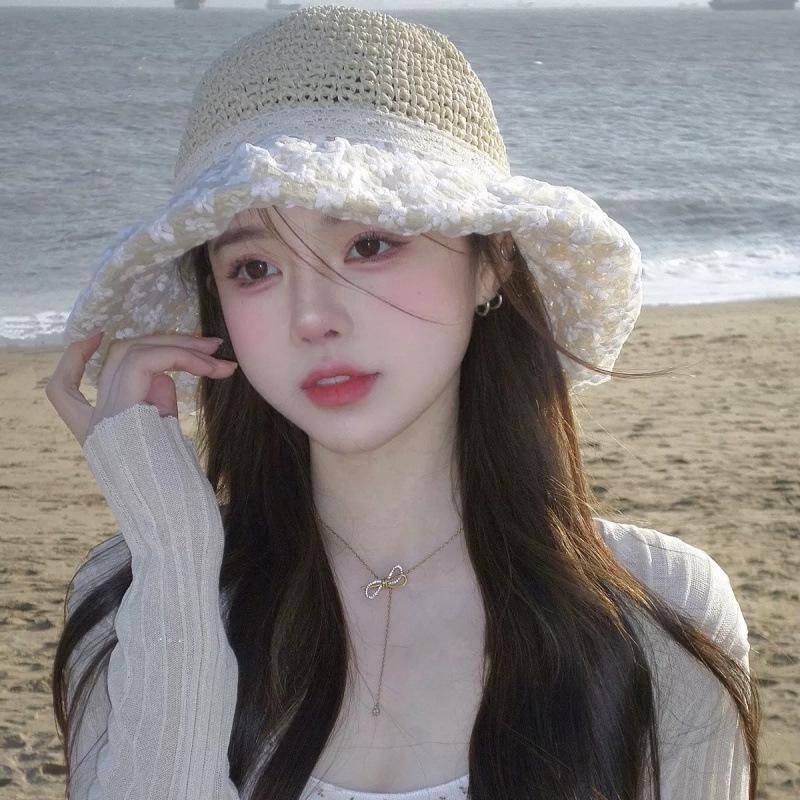 Wide-Brim Lace Flower Straw Hat - Women's Summer Sunshade with UV Protection & Strap