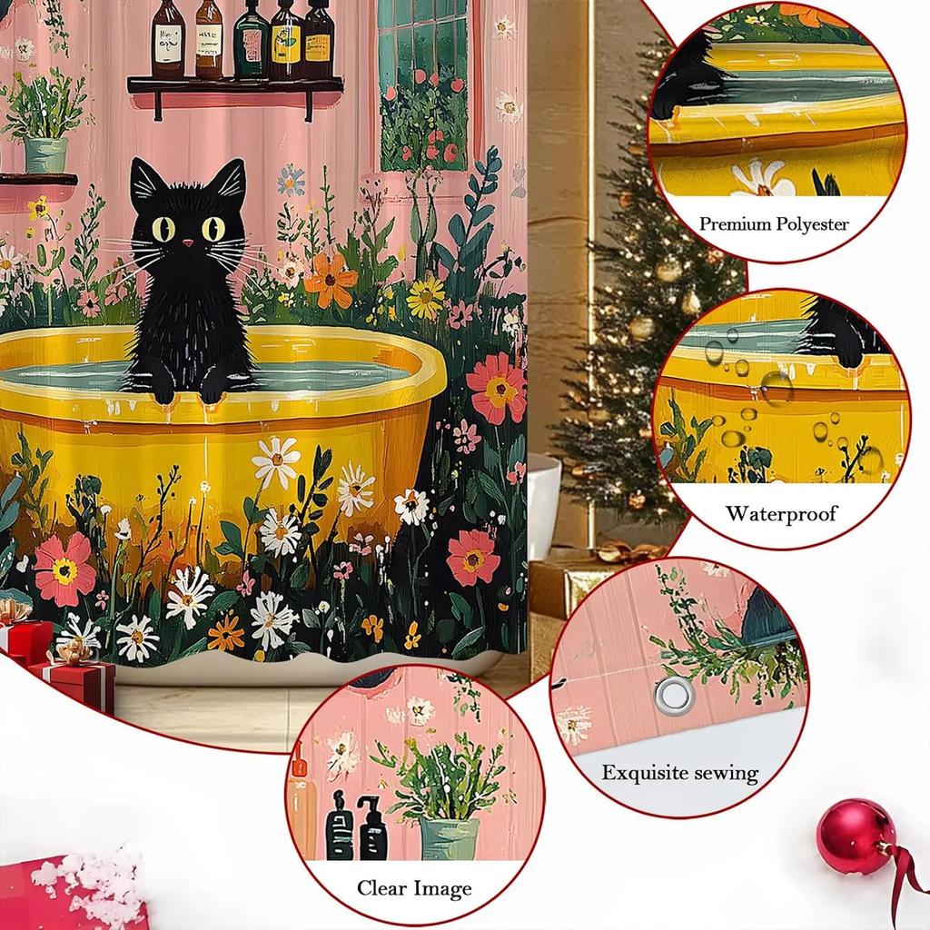 Czarny Kot w Żółtej Wannie Zasłona Prysznicowa Kwiatowy Ogród Śmieszny Kot Rodzina Zwierzę Domowe Uroczy Zwierzęcy Wzór Łazienka Poliestrowe Zasłony S