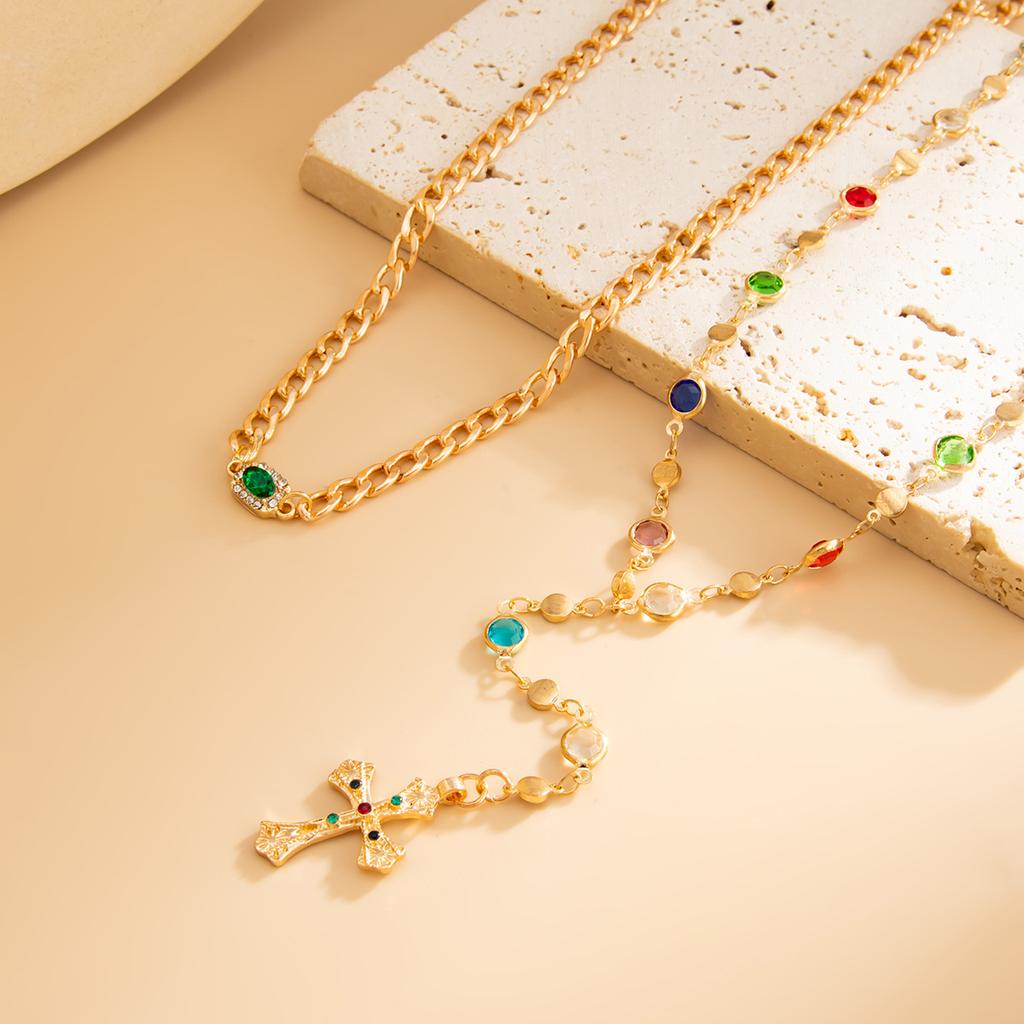 Layered INS Colorful Diamond Tassel Cross Pendant Necklace Fashion Metal Chain Clavicle Jewelry for Women Men Unisex Streetwear Accessory