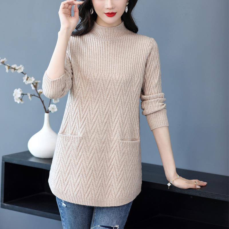 Women's Sweaters Pullover 2023 New Solid Half High Collar Thick Warm Long Knitted Sweaters Winter Female Tops Bottoming Shirt